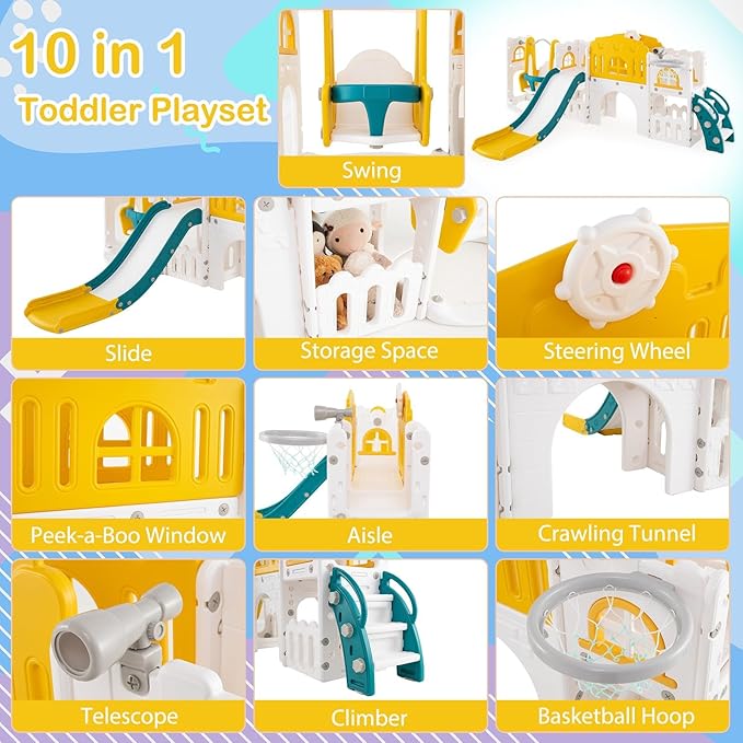 Costzon 10 in 1 Toddler Swing and Slide Set, Kids Slide and Climber Playset w/Aisle, Peek-a-Boo Window & Storage Space, Baby Indoor Playground for Aged 1+ (Yellow+Blue,100" × 59" × 40")