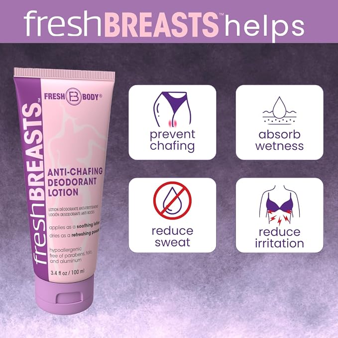 Fresh BREASTS Cream Anti Chafing Deodorant Lotion to Powder, 3.4oz (3 Pack) Anti Chafe Whole Body Deodorant for Women, Inner Thighs & Areas that Sweat - No Talc, Aluminum or Fragrance