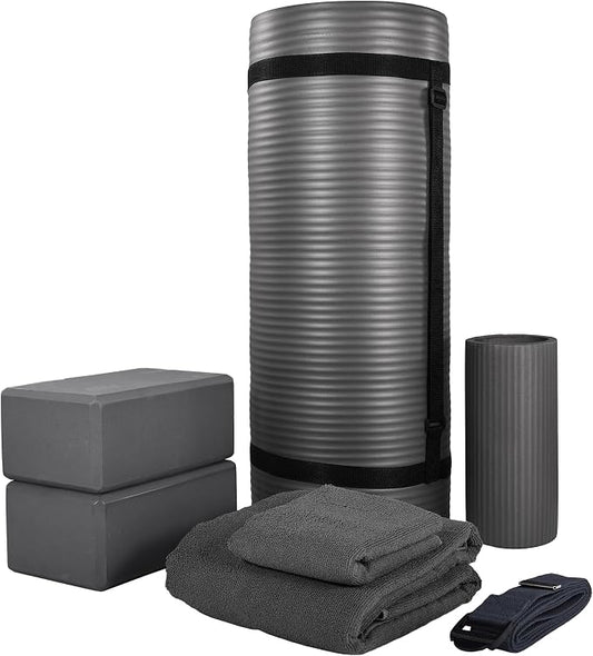 BalanceFrom 7-Piece Yoga Set with 71x24x1 Inches Extra Thick Mat and Carrying Sling – Includes 2 Blocks, Stretch Strap, 2 Towels, and Knee Pad for Home, Studio, and Gym Workouts