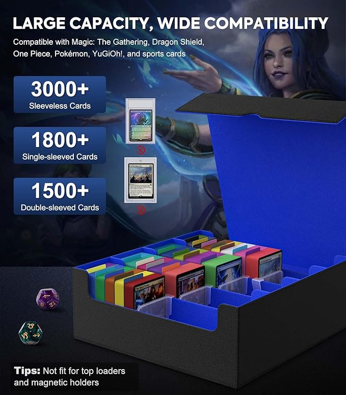 MoKo Trading Card Storage Box, 3000+ MTG Deck Box with 24 Colorful Dividers & 4 Card Supporters, Commander Card Deck Case Fits for Magic Game Cards, YugiOh, TCG, PTG and Sport Cards, Black Blue