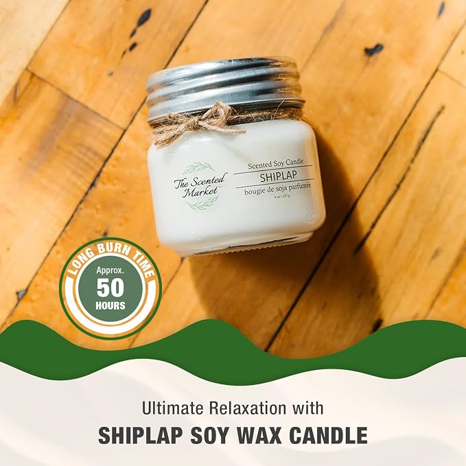 The Scented Market Aromatherapy Soy Wax Candle Shiplap 8 oz Mason Jar, Over 50 Hours of Burn Time, Ideal for Home Decor and Gifts
