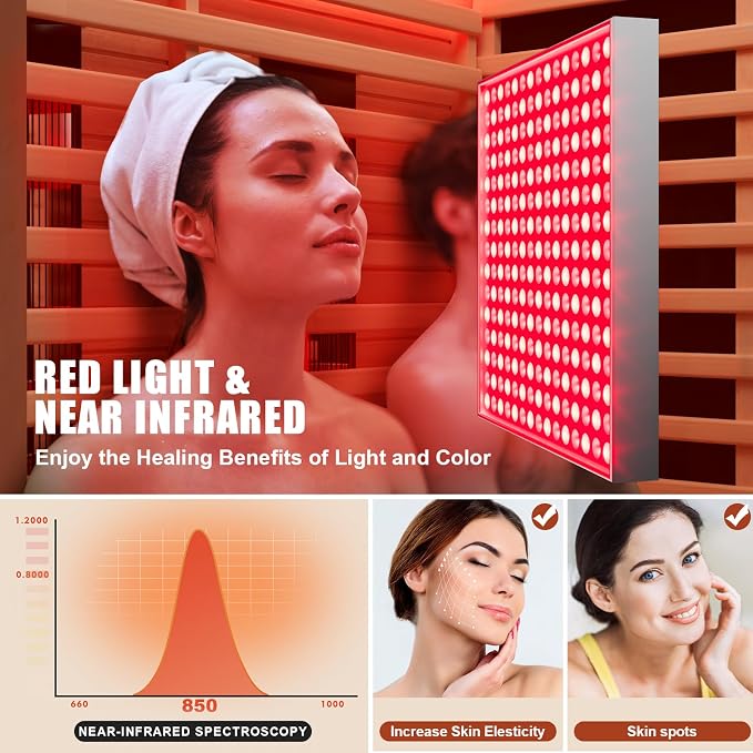 MEISSALIVVE Full Spectrum Infrared Sauna，4 Person Home Sauna，Wooden Canadian Hemlock Luxury Indoor Spa Sauna with Resonance Speaker, Panoramic Tempered Glass Door