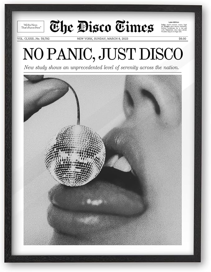 iHery 8x10in No Panic Just Disco Black Framed Newspaper Wall Art | Premium Black Natural OAK Wood Frame with Canvas Print, Retro Disco Ball Decor for Bedroom, Girl Dorm, Living Room 1Pack