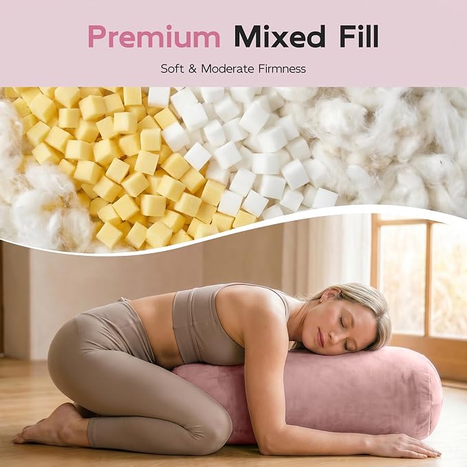 Yoga Bolster Pillow, Curved Wedge for Deep Stretch & Prenatal Support, 25"×12"×5", Sponge Bead-Cotton Filling, Velvet Cover with Zipper & Handle for Yoga, Meditation & Pilates (Light Pink)