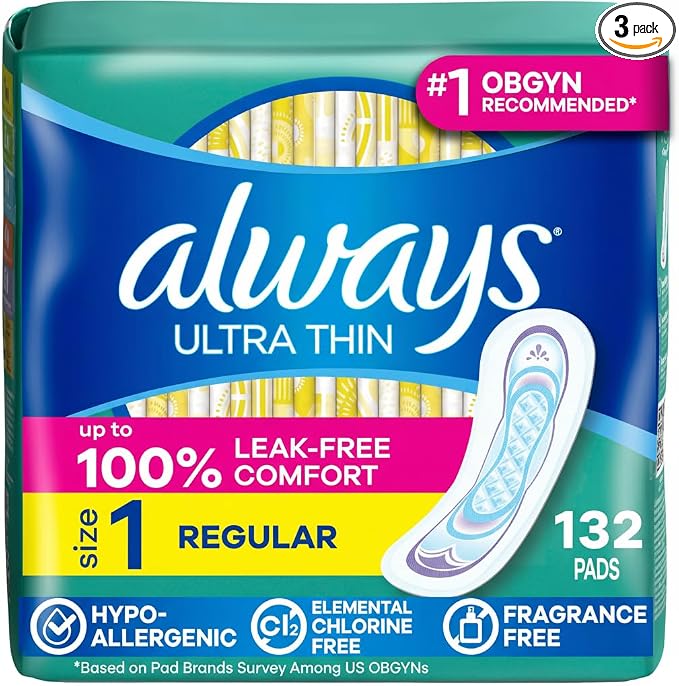 Always Ultra Thin Feminine Pads Without Wings for Women, Size 1, Regular Absorbency, Unscented, Up to 100% Leak-Free Protection, 44 Count x 3, 132 Count Total