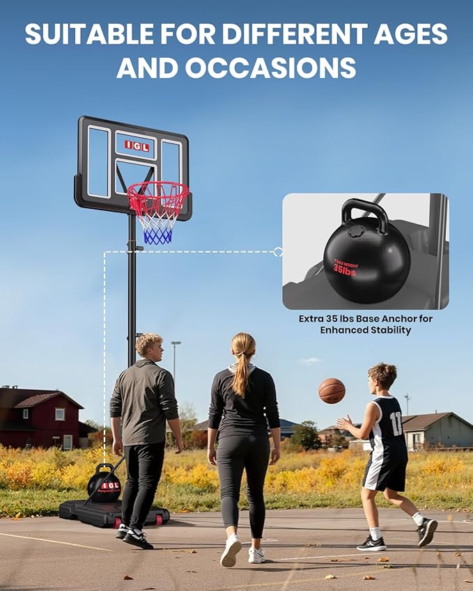 IGL Portable Basketball Hoop, 5.6-10FT Adjustable Basketball Goal System, 40/44 Inch Outdoor Basketball Hoop & Goals for Kids, Youth, and Adults in The Backyard, Driveway with PC Backboard