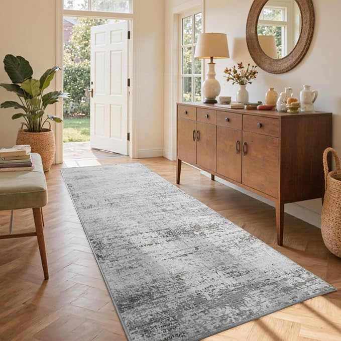 2x6 Ft Washable Runner Rug, Non-Slip Low Pile Hallway Kitchen Area Rug, Soft Long Entryway Floor Mat Abstract Pattern Carpet for Bedside & High-Traffic Areas (Grey)