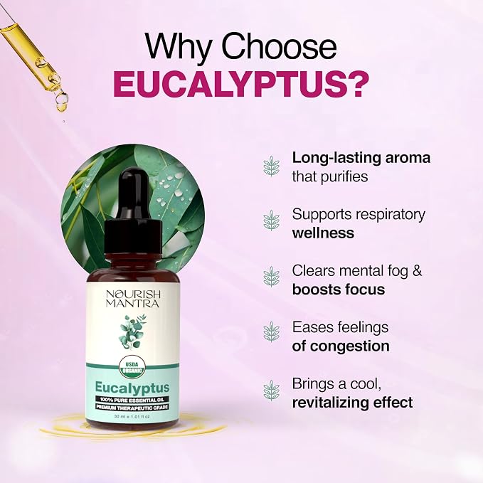 Nourish Mantra Organic Eucalyptus Essential Oil for Massage, Aromatherapy & Skin |100% Pure, USDA Certified Organic Eucalyptus Essential Oil | Perfect for Diffuser, Home & Car