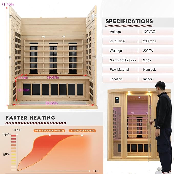 Ceramic Infrared Sauna 3 Person, Low EMF Infrared Saunas for Home, Hemlock Indoor Sauna Room, 2- in - 1 Heating Panels, Bluetooth Speakers, Chromotherapy Lights