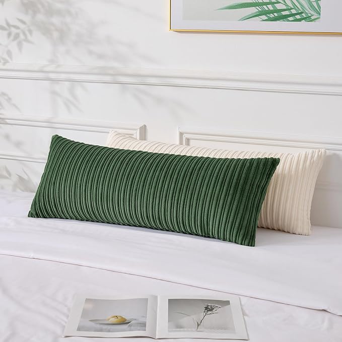 UGASA 14x36 Inch Pillow Cover Pack of 1 Soft Boho Stripe Corduroy Large Long Rectangular Lumbar Cushion Cover Farmhouse Decorative Throw Pillowcase for Bed Couch Sofa Bedroom Living Room, Moss Green