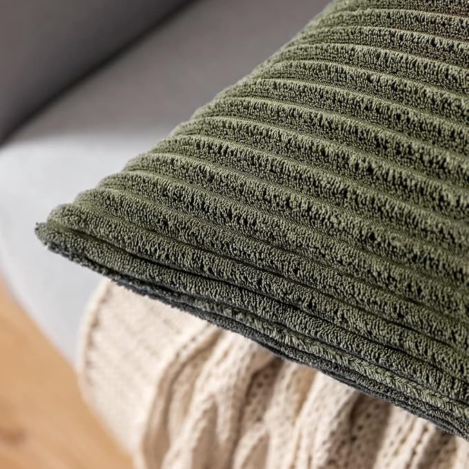 MIULEE Lumbar Corduroy Throw Pillow Covers Set of 2 12x20 Olive Green | Decorative Soft Striped Textured Cushion Cases, Boho Pillowcases for Home Decor, for Couch Chair Sofa Bed Living Room