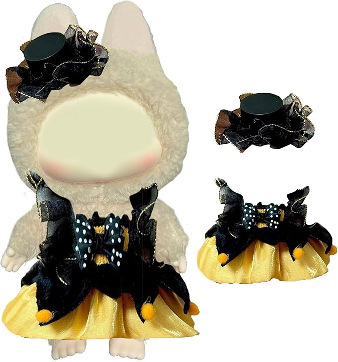 Dress for labubu Dolls (15cm & 17cm Monster Keychain-Macaron/Have a seat/Energy). Clothes Accessories for popmart 6.7" Blind Box. Dress Set for labubu Outfits. (Black-Orange Princess Dress)