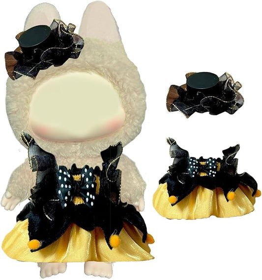 Dress for labubu Dolls (15cm & 17cm Monster Keychain-Macaron/Have a seat/Energy). Clothes Accessories for popmart 6.7" Blind Box. Dress Set for labubu Outfits. (Black-Orange Princess Dress)