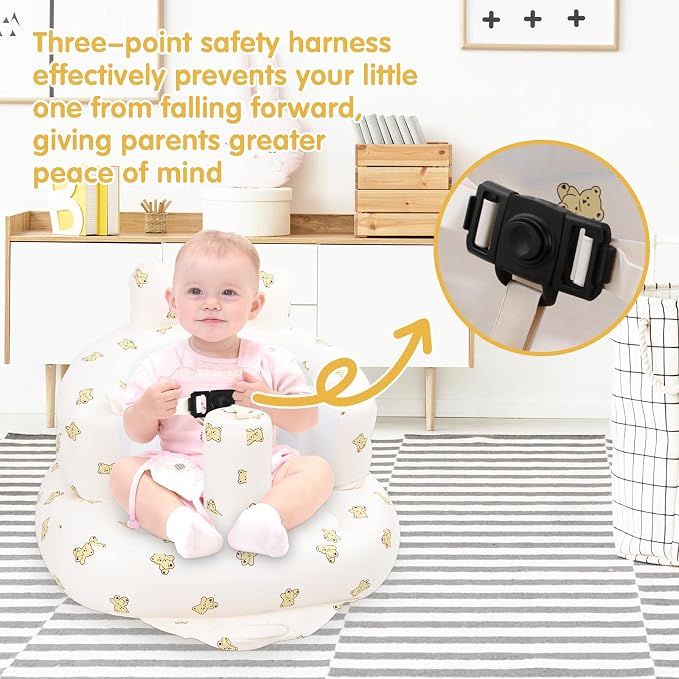EKEPE Inflatable Baby Seat with Harness for Babies 3 Months & Up, Baby Floor Chair for Sitting Up, Baby Seats for Infants, Blow Up Baby Chair with Built in Air Pump - Bear
