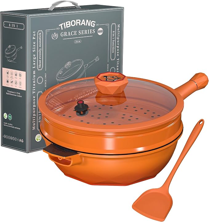 TIBORANG 11 Inch Nonstick Frying Pan with Lid,8-in-1 Multipurpose Cookware | 5 Qt Deep Sauté Pan Skillet with Steamer, PFOA-Free, Dishwasher & Oven Safe, Induction Compatible, Stay-Cool Handle,Tangerine