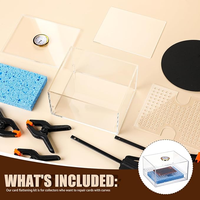 Didaey Card Flattening Kit Trading Card Flattening Tool Accessory Kit Included 1 Moisturizing Box 2 Acrylic Plates 4 Vices 4 Clamps 2 Indent Mats for Fix Bent Cards(Clear,Acrylic)