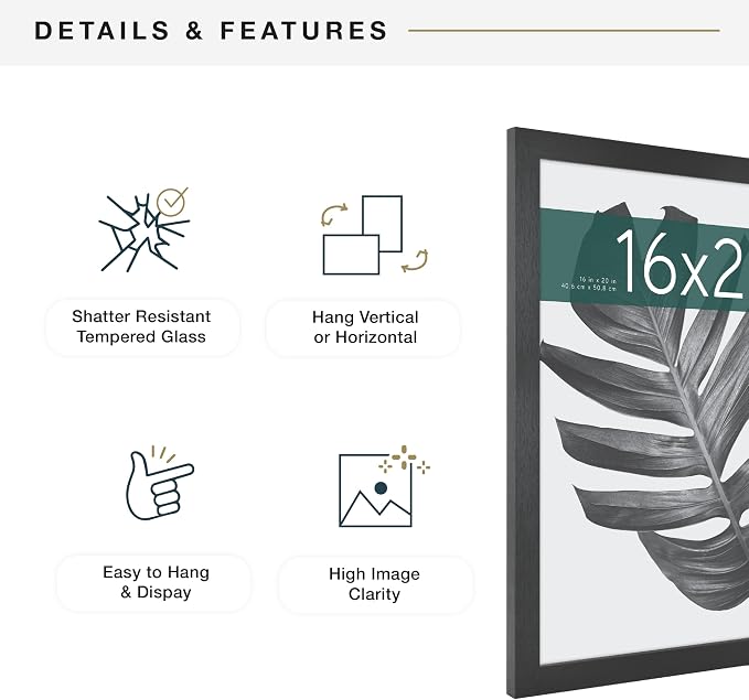 MCS Studio Gallery 16x20 Poster Frame Black Woodgrain Engineered Wood, Vertical & Horizontal Wall Hanging Large Picture Frame for Photos, Posters & Art Prints (2-Pack)