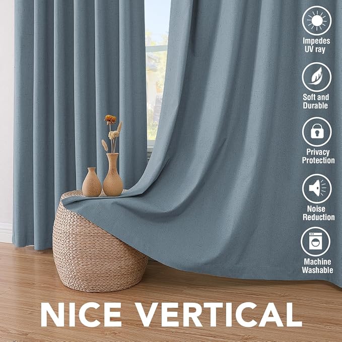 H.VERSAILTEX Linen Blackout Curtains 63 Inches Long 100% Blackout Thermal Insulated Textured Linen Look Curtain Draperies Anti-Rust Grommet, Energy Saving with White Liner, 2 Panels, Stone Blue