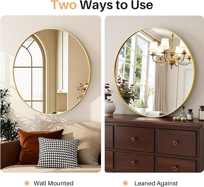 24 Inch Round Bathroom Mirror for Wall, Matte Gold Metal Framed | Circle Vanity Mirror for Bathroom Bedroom Living Room Entryway, Anti-Rust, Tempered Glass, Hanging or Leaning