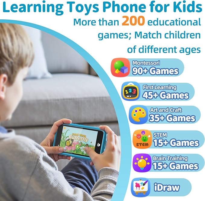 MOMILLA Kids Toys Smart Phone, Dual Camera with Stickers, 3.97" Touchscreen, 200+ Educational Puzzle Games, Learning Toys with Parental Control for Ages 3-8, Birthday Gift
