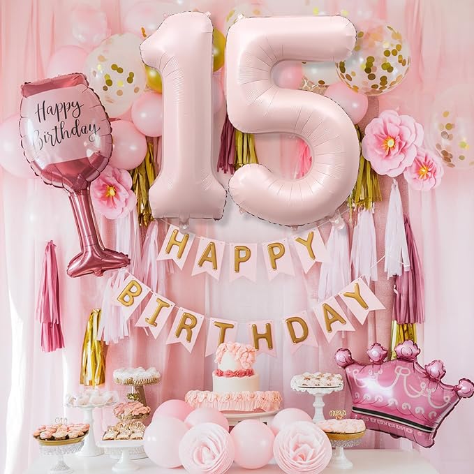 Foil 15 Balloon, Dusty Light Blush Pink Big Number 15 Balloons for Girls Birthday Party Decor, 40 Inch Mylar Self Inflating Number 15 Pastel Baby Pink Balloon for Women 15th Birthday Party Decorations