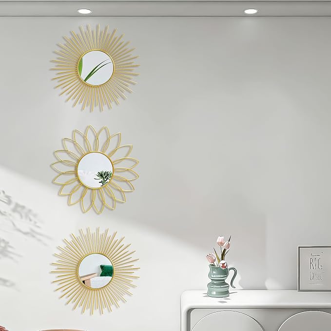 3 Pack Metal Mirrors for Wall Sunburst Wall Mirrors Home Décor Decorative Hanging Wall Art for Living Room Bedroom Entryway (Gold2, Flower+Sunburst)