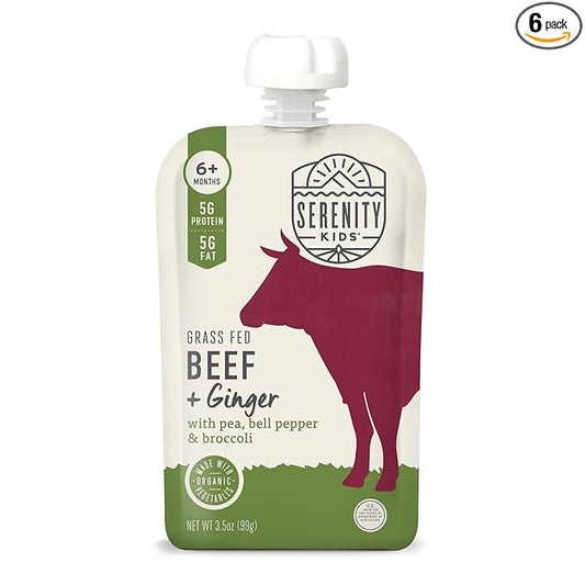 Serenity Kids 6+ Months Beef & Ginger Baby Food Puree Pouches - Grass Fed Beef & Organic Vegetables - Protein-Packed Meat Baby Food - Veggie-Rich Peas & Bell Pepper Blend - 3.5 Oz, 6 Pack