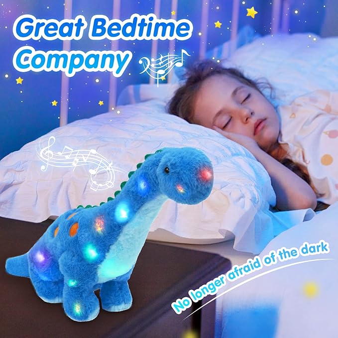 Houwsbaby 14" Blue Musical LED Dinosaur Stuffed Animal Floppy Diplodocus Plush Toy Singing Light Up Adorable Long Neck Lullaby Animated Soothe Baby Birthday Christmas Halloween for Kids Boy Toddlers