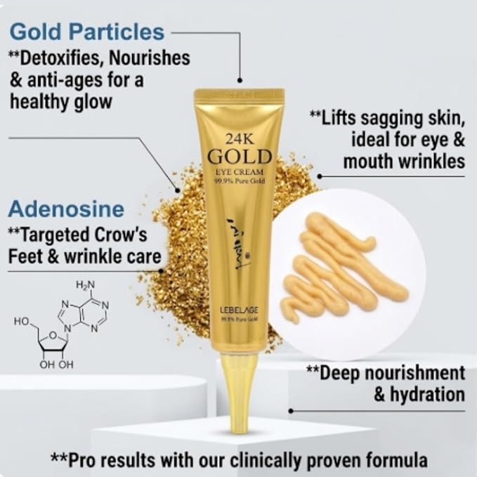LEBELAGE 24K Gold Eye Cream [2 Pack] - K-Beauty Anti-Aging Korean Skincare with Pure Gold - Firming & Hydrating Under Eye Cream for Dark Circles, Puffiness and Wrinkles (1.35 fl.oz x 2)