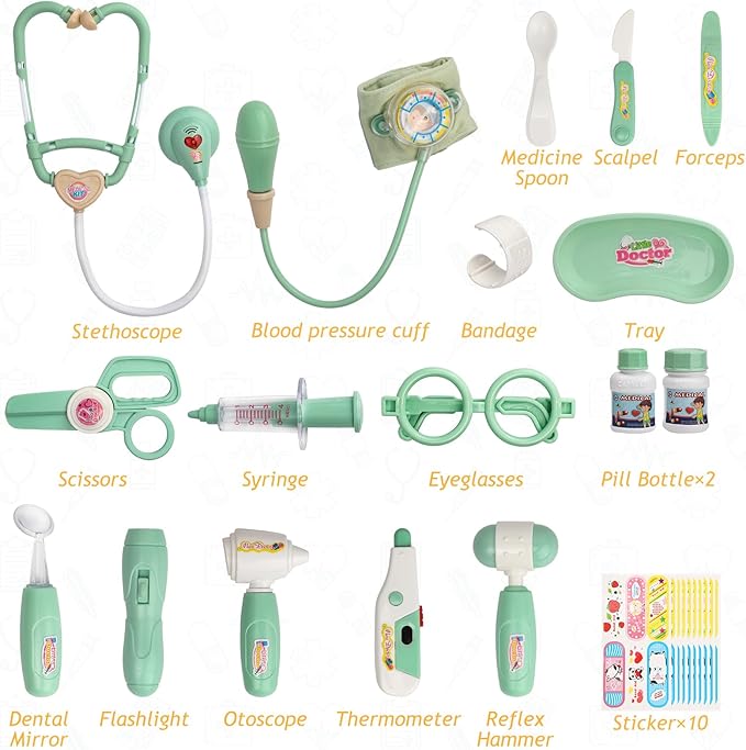 Liberry Doctor Kit for Toddlers 3 4 5 Years Old, 30-Piece Kid Doctor Toy with Stethoscope, Costume, Green Medical Pretend Play Gift for Girls Boys