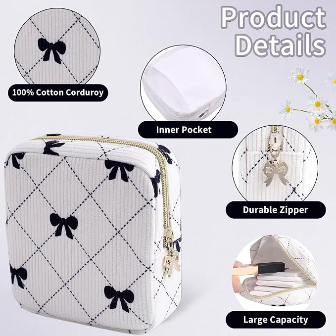 Period Bag for Women - Cute Corduroy Sanitary Napkin Storage Bag with Bow Design | Period Pouch for Daily Use, Travel | Discreet Menstrual Pouch | Pad Bags for Period Holds Pads, Tampons