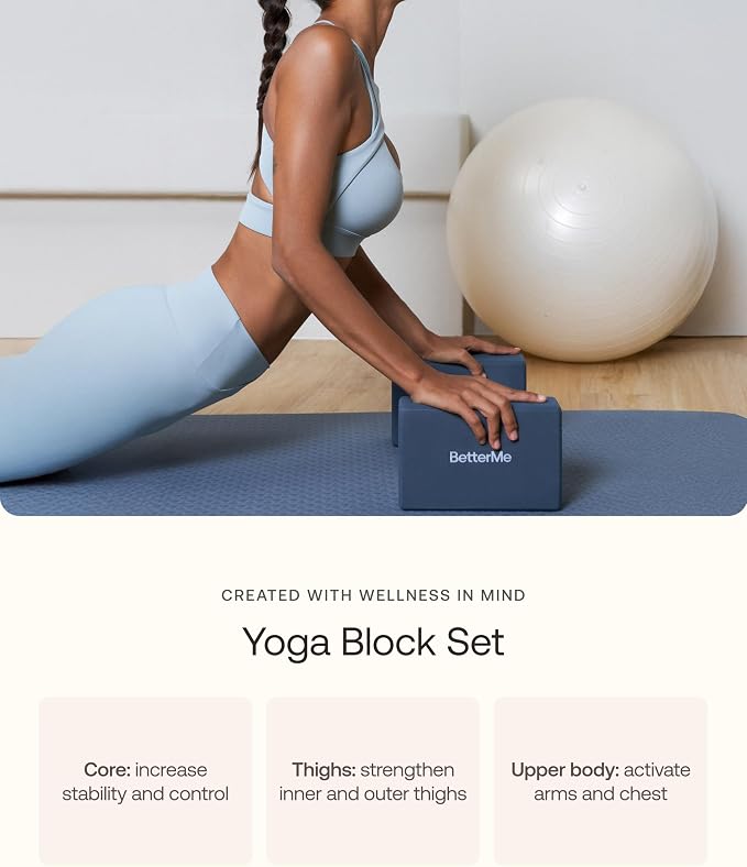 BetterMe Yoga Blocks Set of 2 – High Density Foam Yoga Blocks for Stretching, Pilates & Workouts – Lightweight Non-Slip Exercise Blocks for Flexibility & Balance