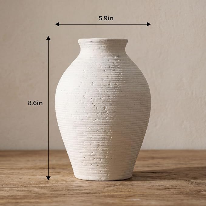 Ceramic Flower Vase Home Decor, 8.6 inch Farmhouse Rustic Vintage Table Vases, Living Room Kitchen Bedroom Decorations for House Book Shelf Office Coffee Desk Dining Fireplace