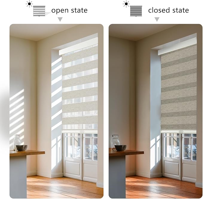 AOSKY Cordless Zebra Blinds for Windows Pull Down Roller Window Shades Dual Layer Light Filtering Privacy for Day and Night, Free-Stop Door Shades for Home Easy to Install Linen Cream 39" W X 72" H