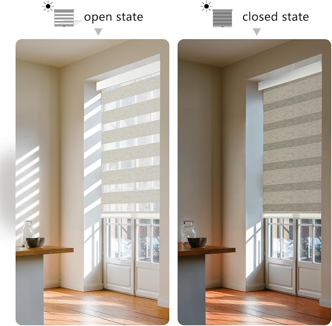 AOSKY Cordless Zebra Blinds for Windows Pull Down Roller Window Shades Dual Layer Light Filtering Privacy for Day and Night, Free-Stop Door Shades for Home Easy to Install Linen Cream 44" W X 72" H