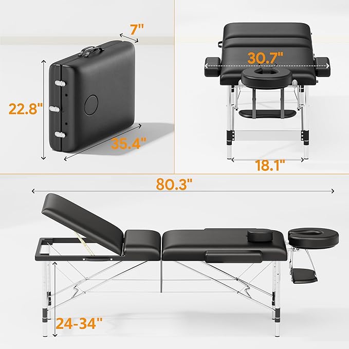 Brelley Massage Table Portable Professional 3 Sections Reclining Massage Couch, Aluminum Adjustable Esthetician Bed Tattoo Table SPA Lash Salon Bed with Carrying Bag (Black)
