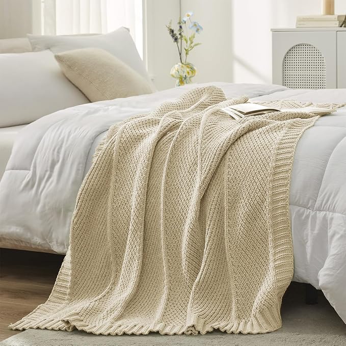 Knit Throw Blanket, Soft Chenille Cozy Breathable Chevron Chunky Decorative Blanket for Couch, Bed & Sofa, French-Inspired Lightweight Warm Gift for Women, Beige, 50"x60"