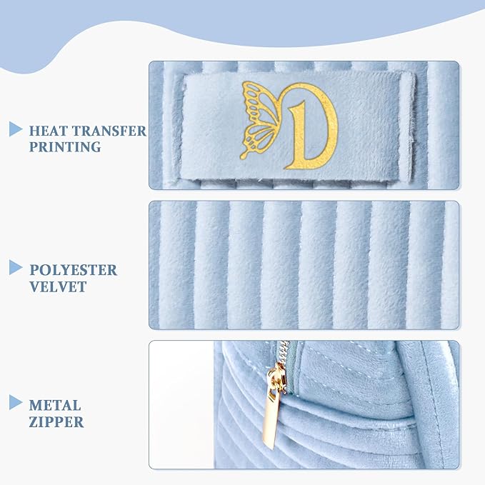 COSHAYSOO Travel Makeup Bag Quilted Make Up Pouch Initial Velvet Cosmetic Case with Butterfly Decorations for Women Birthday Party Favor Supplies Cool Popular Easter Valentines Gifts Blue Letter D