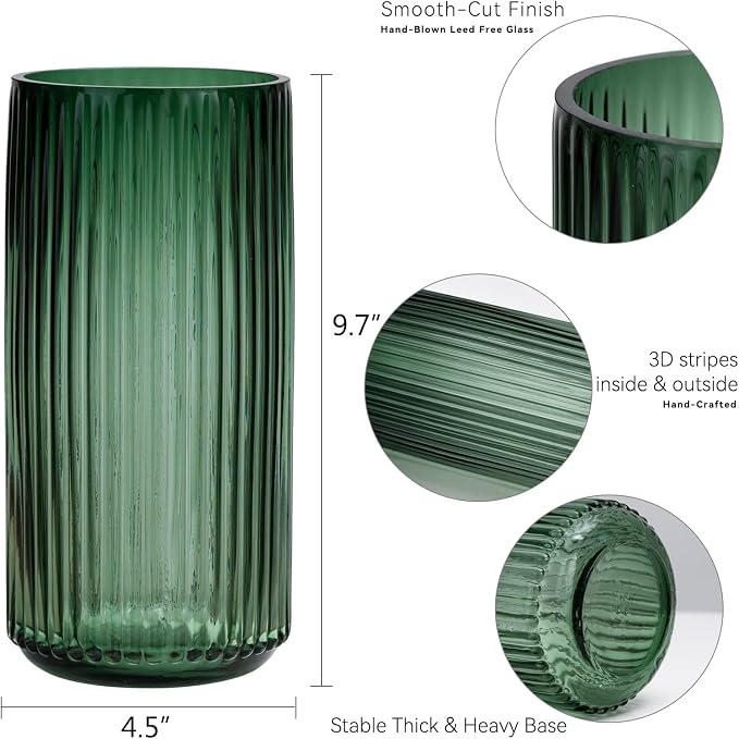 Flower Vase 10 inch Green Thickened Hand Blow Glass Vase Round Vintage Striped Bottles for Bookshelf,Dinner Table,Indoor Office Desktop,Meeting Room,Bathroom,Countertop,Home