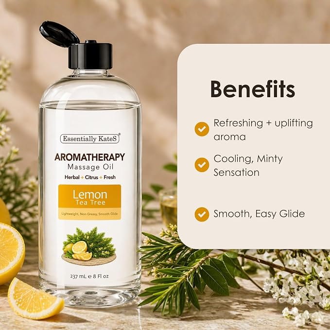 Aromatherapy Massage Oil – Tea Tree & Lemon – Lightweight, Non-Greasy Body Oil with Fractionated Coconut Oil – Fresh, Clean, Energizing – 8 fl oz