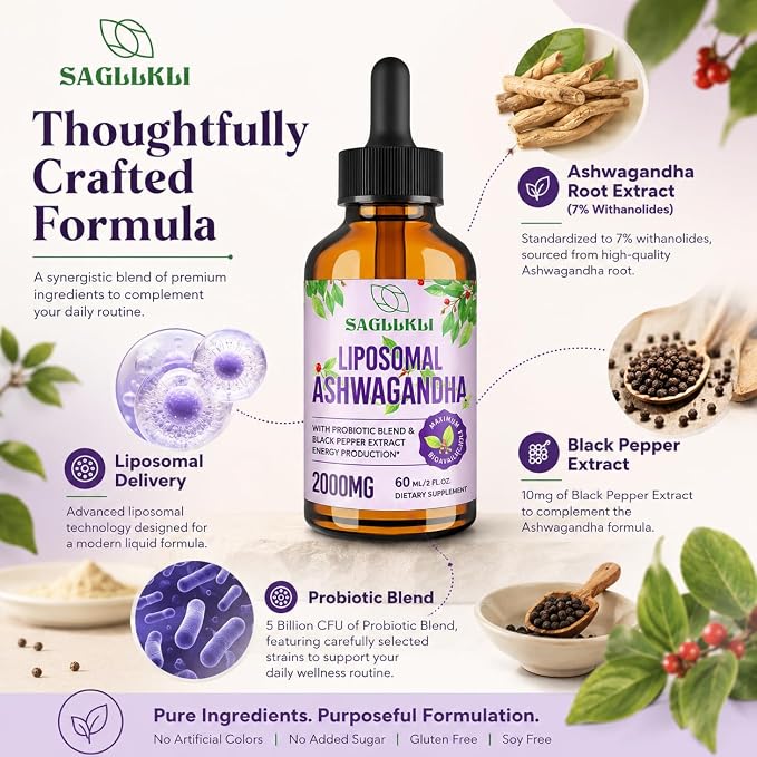 Liposomal Ashwagandha Liquid Drops 2000mg, Ashwagandha Root Extract Supplement (7% Withanolides) with Black Pepper Extract & Probiotics for Focus, Cognition & Energy - 2 FL.OZ (1 Bottle)