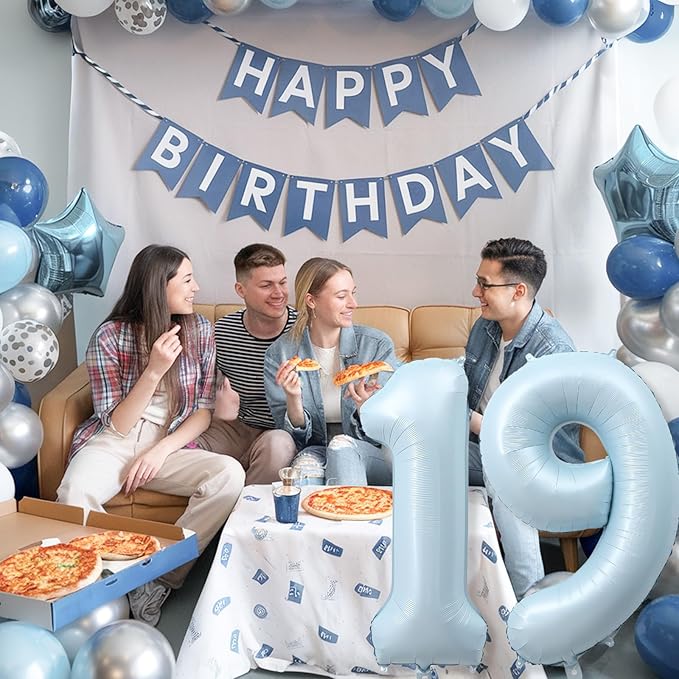 Foil 19 Balloon, Light Baby Blue Big Number 19 Balloons for Boy Birthday Party Decor, 40 Inch Helium Self Inflating Number 19 Pastel Sky Blue Balloon for Men 19th Birthday Party Anniversary Decoration