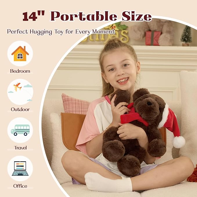 MorisMos Teddy Bear Stuffed Animal, 14'' Christmas Teddy Bear 2025 with Santa Hat & Scarf,180° Joints Posed Plush Toy, oft Stuffed Christmas Toy for Kid Girl Boy Max Decoration Birthday Gift,Chocolate