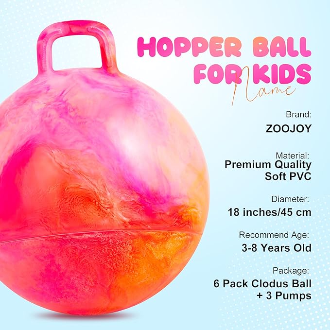 ZOOJOY 6pcs Hopper Balls for Kids 3-8, 18 in Clouds Bouncy Ball with Handle, Sit on Hopping Toys for Sport/School/Team Active Play, Inflatable Hippity Hop Ball for Indoor Outdoor Games with Pump
