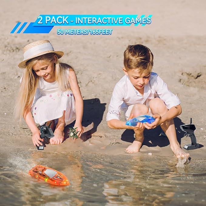 2Pack LED Light RC Boat Remote Control Pool Water Toys for Kids Ages 8-12 Adults Lakes Bathtub Toy with Whole Body Waterproof,Low Battery Alarm,2.4Ghz,Control Range 50M,Rechargeable Battery