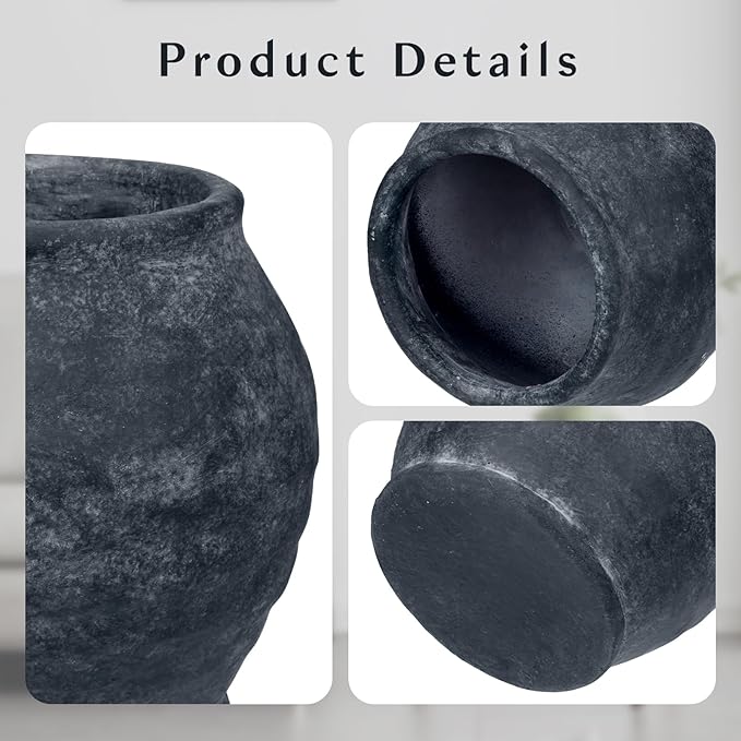 Briful Rustic Vintage Ceramic Pottery Vase, 6.1'' Farmhouse Table Decor with Distressed Texture, Wide Mouth Decorative Jar Vases for Home Decor, Shelf & Entryway, Black