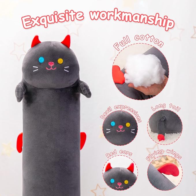 Long Cat Plush 5 Sizes, 120% Extra Filling Giant Plushness Kids Body Pillow, Kawaii Cute Black Cat Stuffed Animals Plushies, Big Long Body Pillow Cat Plush Gift for Girls 28”
