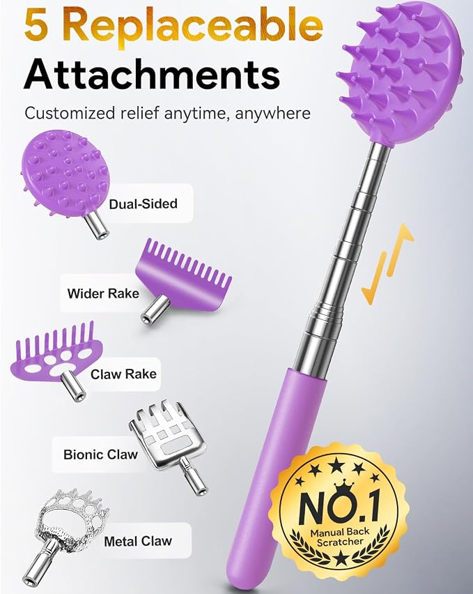 TUKUOS Telescoping Back Scratcher with 5 Detachable Scratching Heads, Valentines Day Gifts for Him Men, Anniversary Birthday Gifts for Men Women Back Scratcher for Men/Dad/Women/Adults - Purple