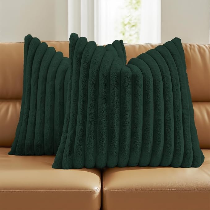 FUTEI Pack of 2 Faux Fur Throw Pillow Covers 18x18 Inch, Dark Green | Fluffy Faux Rabbit Fur Front/Premium Velvet Back,Hidden Zipper,Machine Washable,Non-Shedding,Colorfast,Insert Not Included.