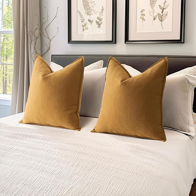 MIULEE Pack of 2 Mustard Yellow Decorative Chenille Pillow Covers 20x20 | Soft Couch Throw Pillows,Farmhouse Cushion Covers with Elegant Design for Sofa,Bedroom,Living Room,Spring Home Decor